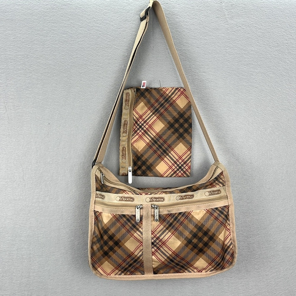 Plaid Shoulder Bag Set - Tan and Brown